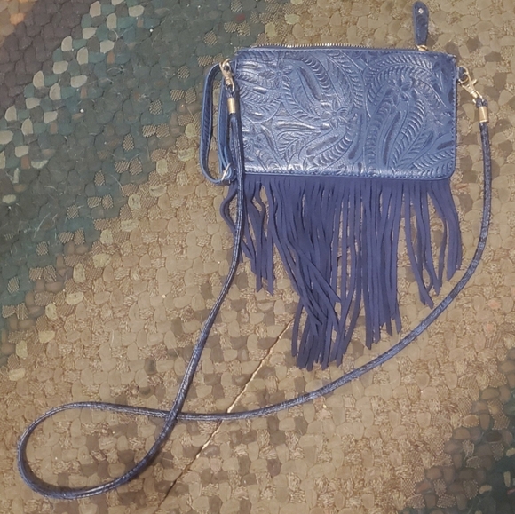 Free People Blue Embossed Fringe Bag. - Picture 5 of 14